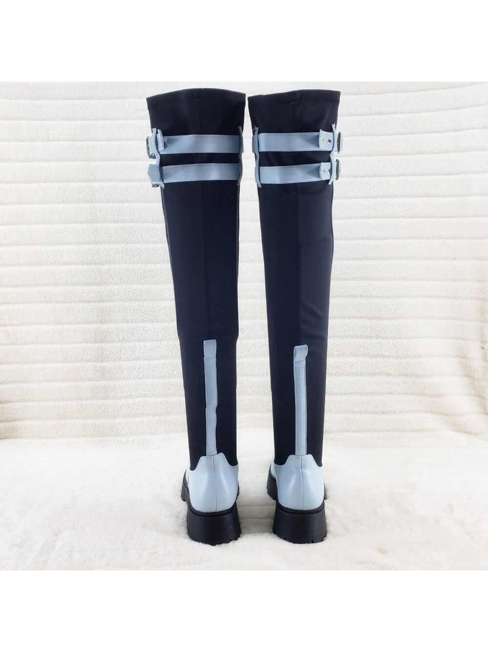 Techno Baby Blue Lycra Stretch Lug Sole Thigh High Combat Rider Brand New - Picture 6 of 16